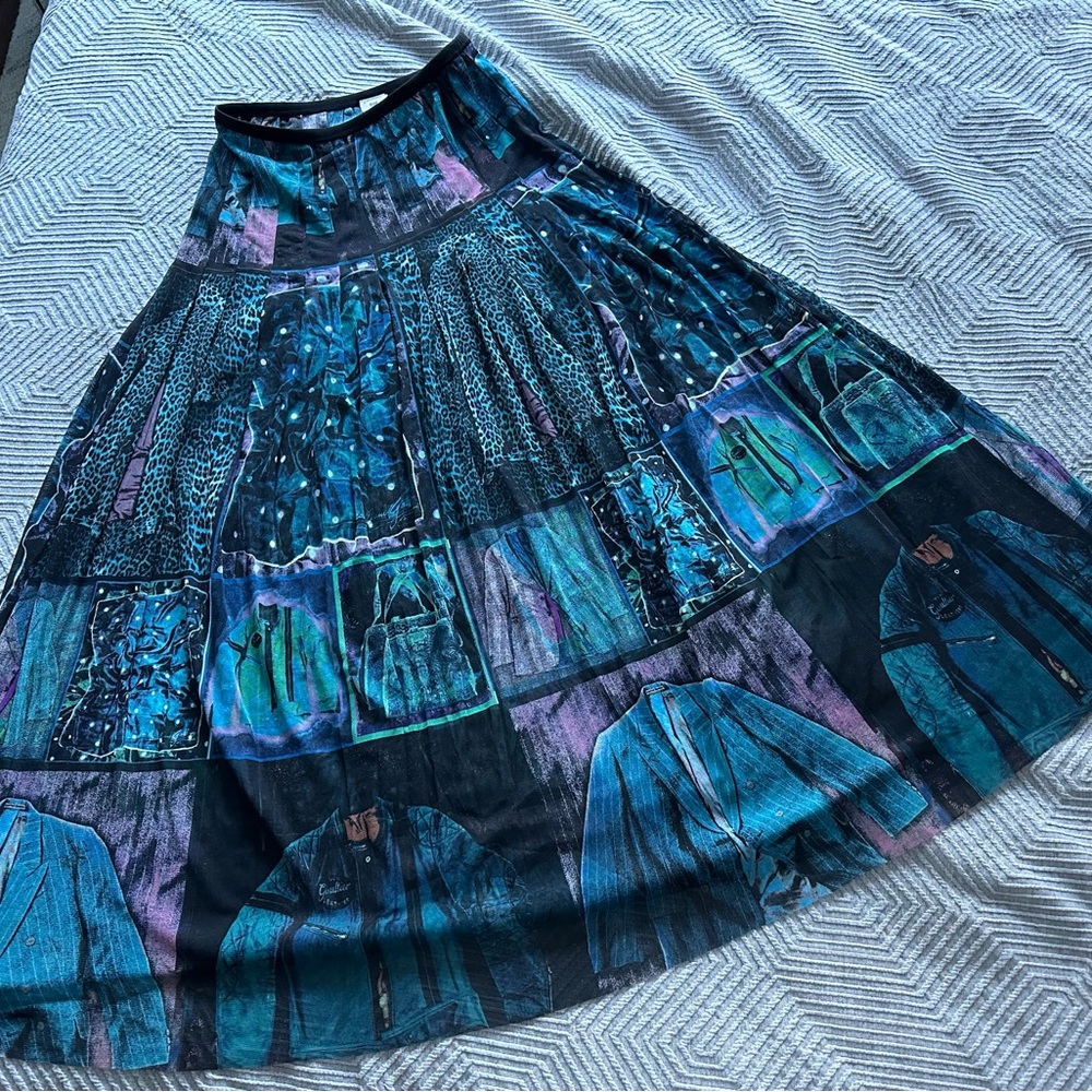 Jean Paul Gaultier power mesh maxiskirt with clothing print, elastic waist, RARE